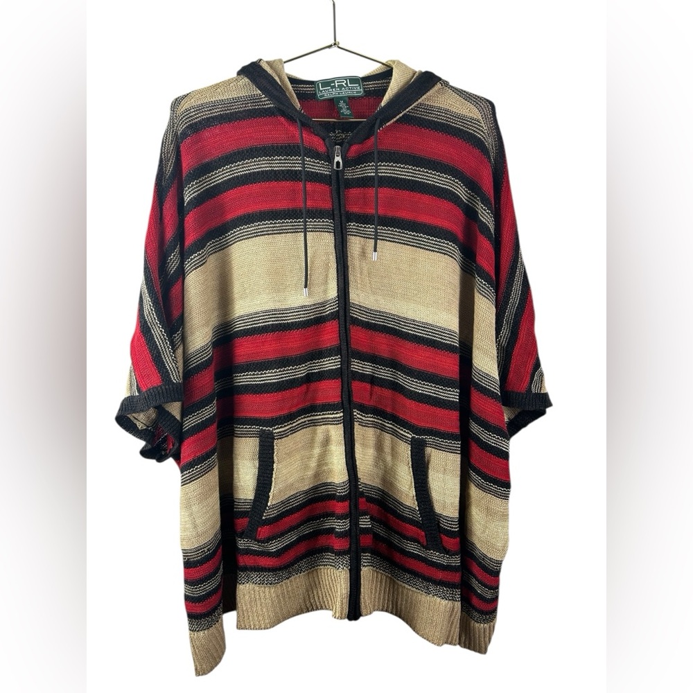 Lauren Ralph Lauren Active red, black, and tan striped hooded knit poncho - Picture 1 of 7